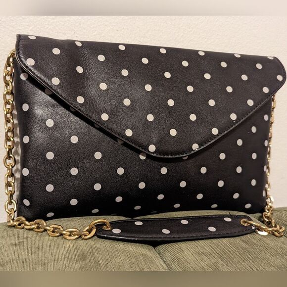 J Crew Invitation Clutch Bag Polka Dot Black Chain Shoulder Purse Convertible - Picture 1 of 13